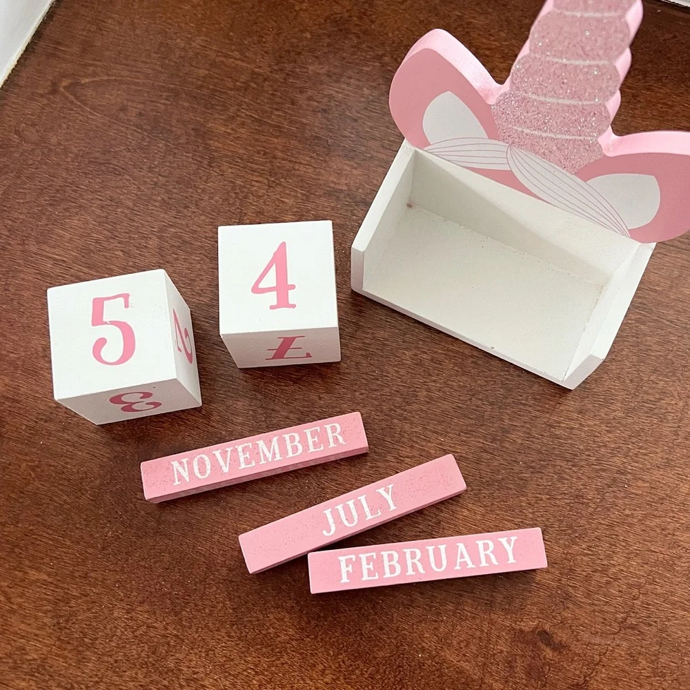 Unicorn Perpetual Calendar Wood Block Desktop Decor